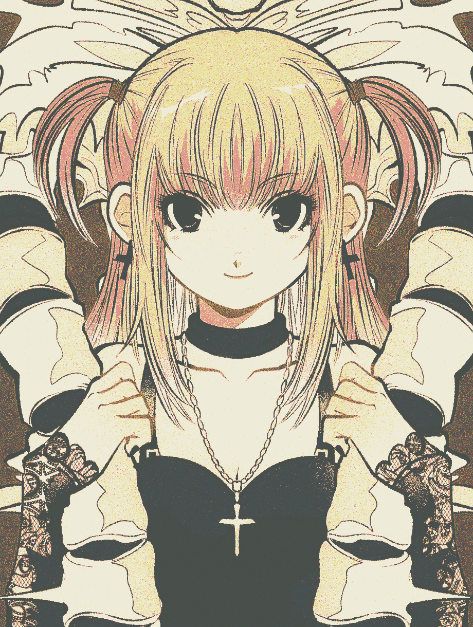2girls amane_misa blonde_hair cross cross_earrings death_note earrings gothic highres jewelry multiple_girls pikurusu rem_(death_note) shinigami simple_background size_difference smile