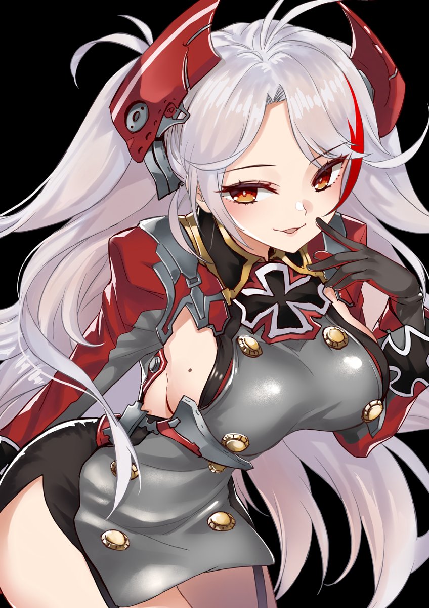 1girl antenna_hair azur_lane bangs black_background black_gloves breasts brown_eyes eyebrows_visible_through_hair finger_to_mouth floating_hair garter_straps gloves headgear highres iron_cross kaorihero large_breasts leaning_forward long_hair long_sleeves looking_at_viewer mole mole_on_breast multicolored_hair parted_lips prinz_eugen_(azur_lane) redhead silver_hair simple_background smile solo streaked_hair swept_bangs two_side_up very_long_hair