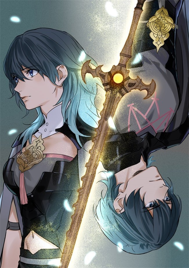 1boy 1girl bangs blue_eyes blue_hair byleth_(fire_emblem) byleth_eisner_(female) byleth_eisner_(male) cape closed_mouth commentary_request eyebrows_visible_through_hair fire_emblem fire_emblem:_three_houses hair_between_eyes long_hair navel profile short_hair sword tang_xinzi weapon