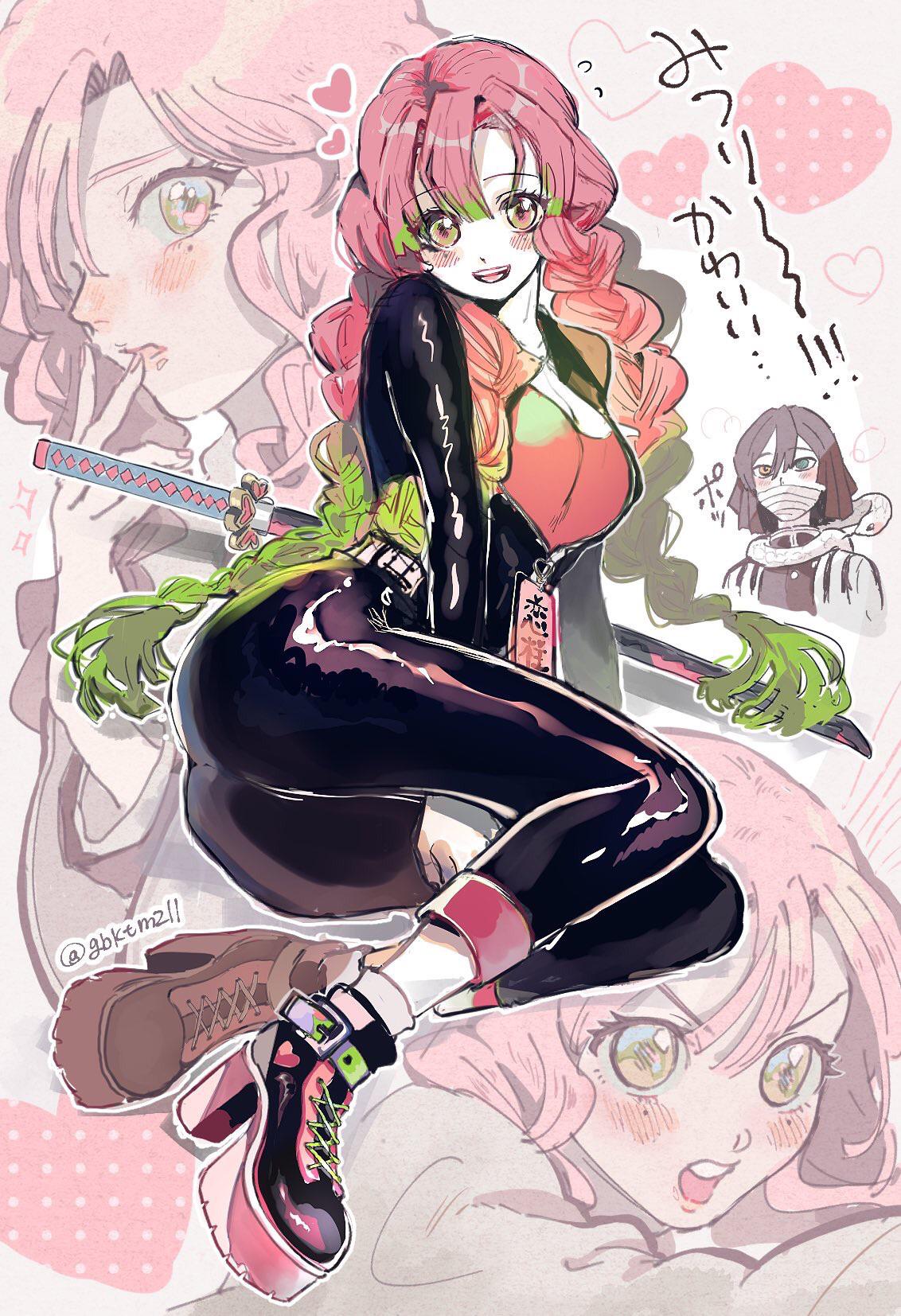 1boy 1girl adapted_costume artist_request bandages belt black_bodysuit black_hair blush bodysuit boots braid breasts full_body gradient_hair green_eyes green_hair hair_between_eyes haori happy heterochromia high_heel_boots high_heels highres iguro_obanai japanese_clothes kanroji_mitsuri kimetsu_no_yaiba large_breasts long_hair long_sleeves looking_at_viewer mask mole mole_under_eye multicolored_hair no_bra open_clothes pink_hair pink_shirt shirt signature sketch smile snake source_request translation_request