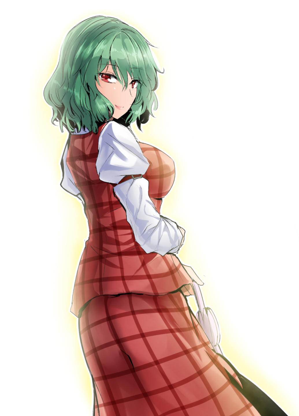 1girl bangs breasts commentary_request cowboy_shot eyebrows_visible_through_hair green_hair hair_between_eyes highres holding holding_umbrella juliet_sleeves kazami_yuuka large_breasts long_sleeves looking_at_viewer looking_back pink_lips plaid plaid_skirt plaid_vest puffy_sleeves red_eyes red_skirt red_vest shirt short_hair simple_background skirt skirt_set smile solo standing touhou umbrella vest white_background white_shirt y2 yellow_outline