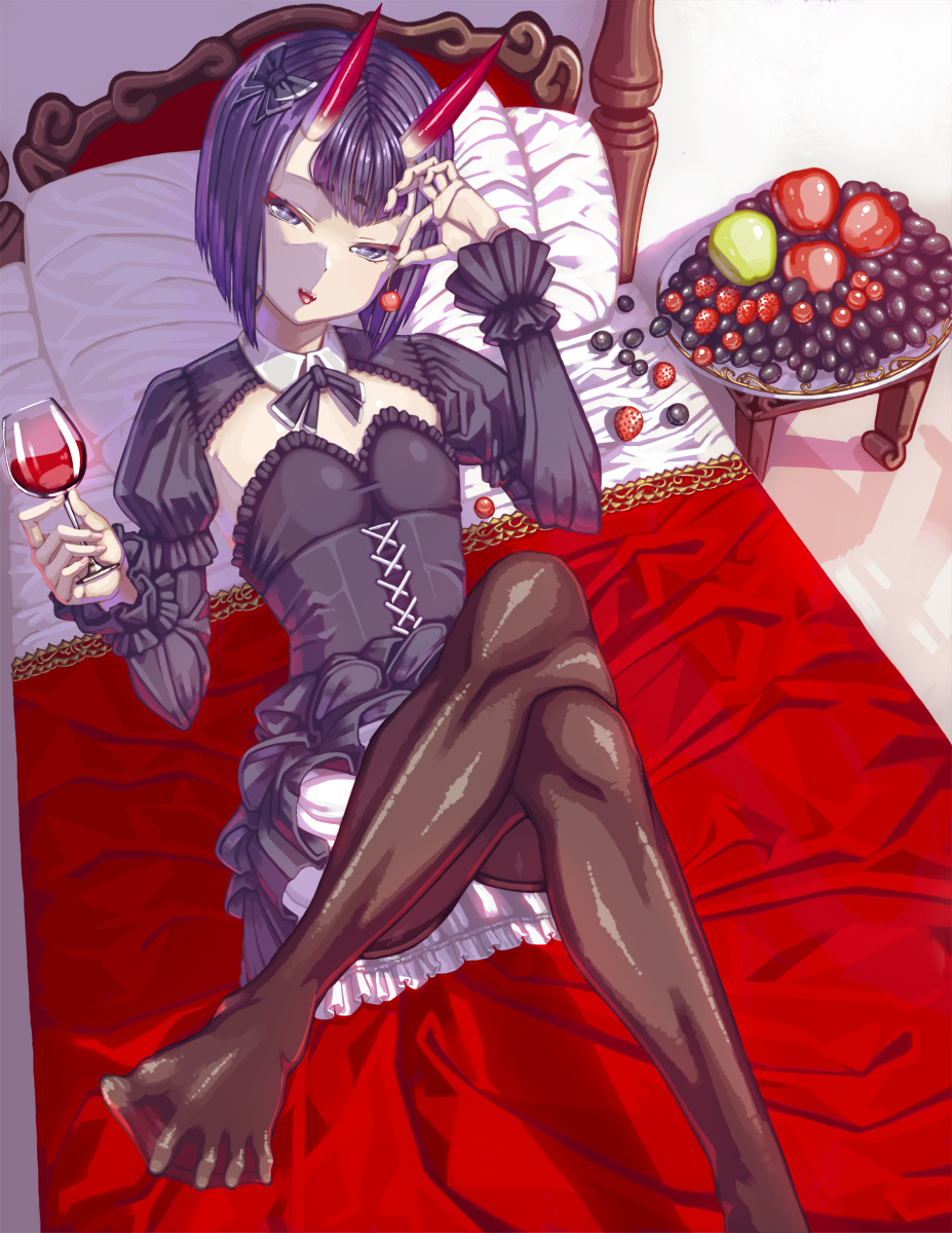 1girl alcohol alternate_costume apple bangs black_dress black_legwear blush bob_cut breasts cherry crossed_legs cup dress drinking_glass eating eyeliner fate/grand_order fate_(series) feet food frills fruit fruit_bowl grapes highres horns juliet_sleeves knees_up kusakabe_eria legs long_sleeves looking_at_viewer lying makeup on_back on_bed oni oni_horns open_mouth pantyhose pillow puffy_sleeves purple_hair short_eyebrows short_hair shrug_(clothing) shuten_douji_(fate/grand_order) small_breasts smile solo strawberry violet_eyes wine wine_glass