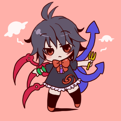 1girl :&lt; ahoge aoi_tobira asymmetrical_wings black_dress black_hair black_legwear blush chibi commentary dress fork frilled_dress frills holding holding_fork houjuu_nue jitome looking_at_viewer lowres outstretched_arms pink_background red_eyes red_footwear short_hair simple_background snake solo standing standing_on_one_leg thigh-highs touhou ufo wings