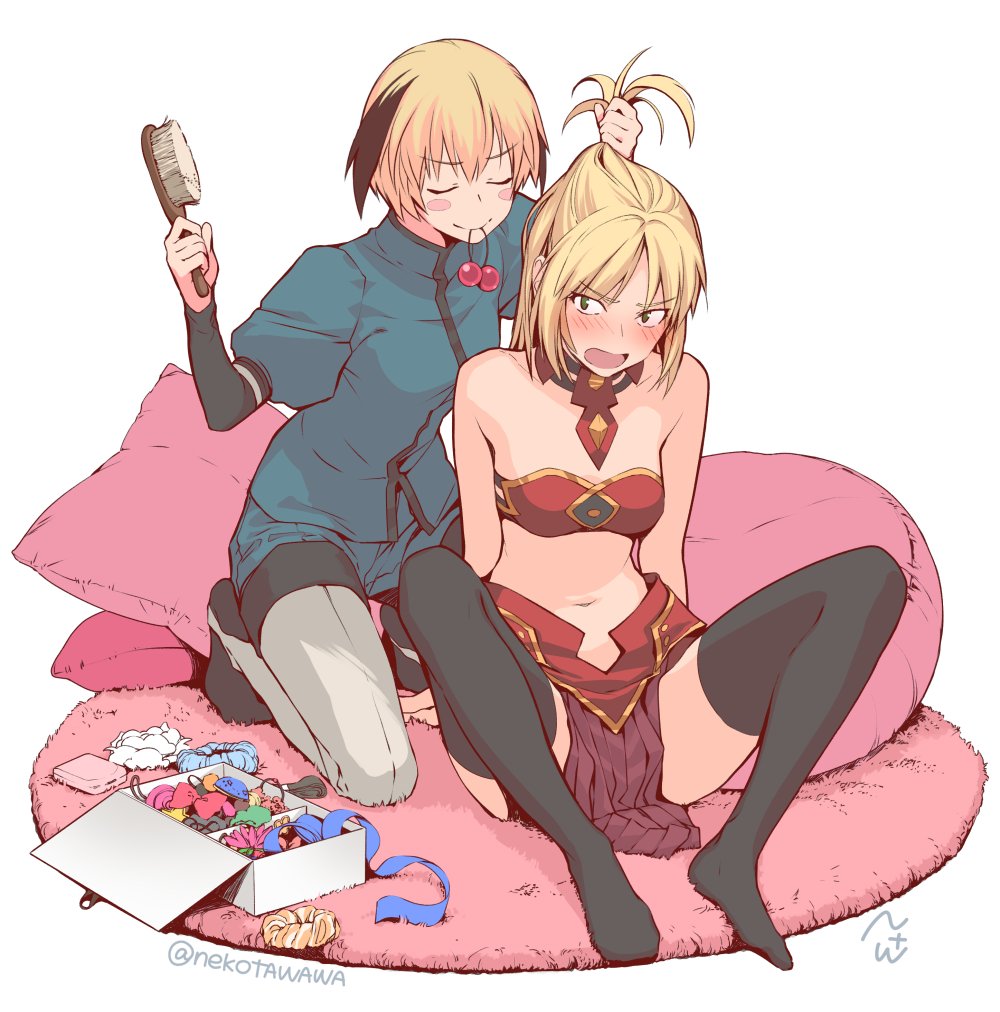 2girls blonde_hair blush blush_stickers box cushion detached_collar fate/grand_order fate_(series) gareth_(fate/grand_order) hair_bobbles hair_brush hair_ornament hair_tie_in_mouth mordred_(fate) mordred_(fate)_(all) mouth_hold multiple_girls navel nekotawawa sitting thigh-highs