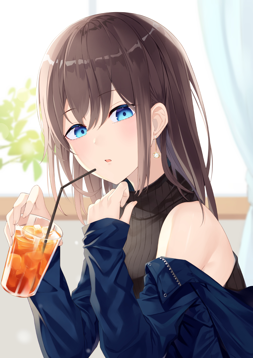 1girl :o backlighting bangs bare_shoulders black_shirt black_sweater blue_jacket blush brown_hair cup day drink drinking_glass drinking_straw earrings eyebrows_visible_through_hair from_side highres holding holding_cup ice ice_cube iced_tea indoors jacket jewelry kina long_hair long_sleeves looking_at_viewer looking_to_the_side off_shoulder open_clothes open_jacket original parted_lips ribbed_sweater shirt sidelocks sleeveless sleeveless_turtleneck sleeves_past_wrists solo sweater turtleneck unzipped upper_body window