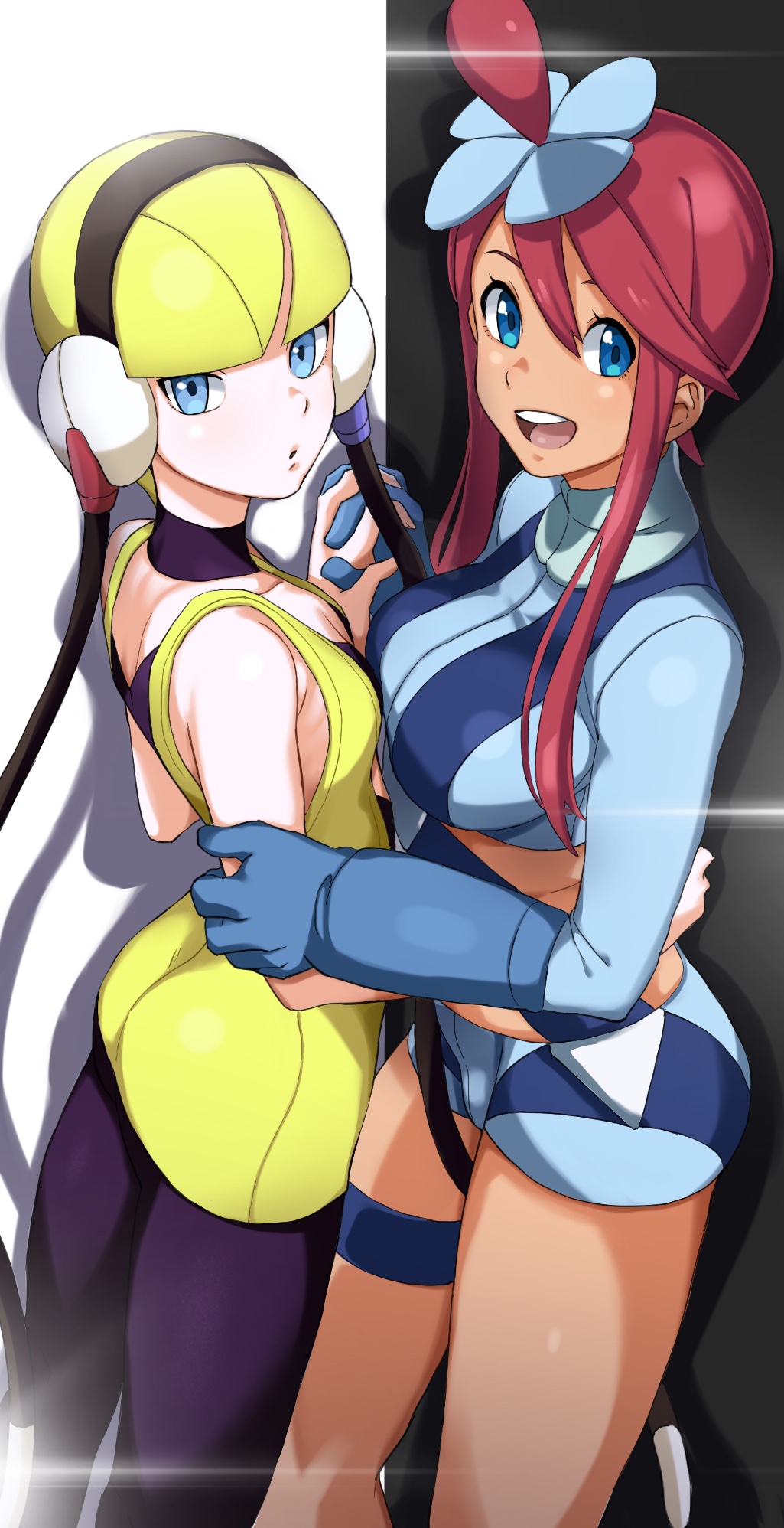 2girls :d :o arm_around_shoulder ass bangs bare_shoulders blonde_hair blue_eyes blue_gloves blue_shorts breasts cable choker closed_eyes commentary_request dark_skin dress elbow_gloves from_side fuuro_(pokemon) gloves hand_on_another's_arm headphones highres holding_hands interlocked_fingers kamitsure_(pokemon) looking_at_another looking_at_viewer medium_breasts multiple_girls open_mouth pantyhose parted_lips pokemon pokemon_(game) pokemon_bw pretty-purin720 purple_choker purple_legwear redhead round_teeth short_hair short_shorts shorts sidelocks sleeveless sleeveless_dress small_breasts smile standing teeth thigh_strap upper_teeth yellow_dress yuri