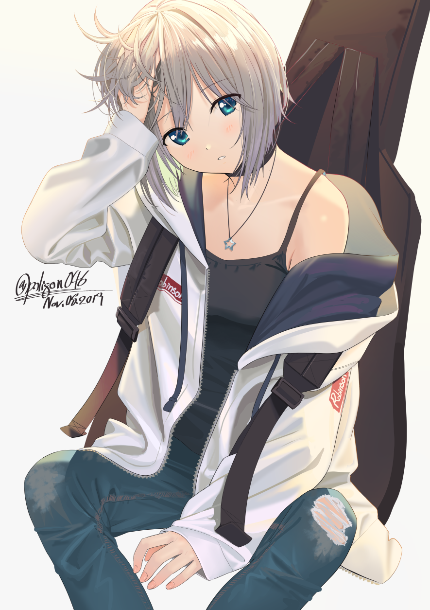 1girl aoba_moca aqua_eyes arm_up artist_name bag bang_dream! bangs bare_shoulders black_shirt blush breasts clothes_writing collarbone commentary commentary_request dated denim dot_nose eyebrows_visible_through_hair grey_hair guitar_case hair_between_eyes hand_in_hair hand_on_own_face highres hood hood_down hooded_jacket instrument_case jacket jeans jewelry long_sleeves looking_at_viewer medium_breasts necklace open_clothes open_jacket pants parted_lips poligon_(046) shirt short_hair simple_background sitting solo star star_necklace tank_top torn_clothes torn_jeans torn_legwear torn_pants twitter_username white_background white_jacket wide_sleeves zipper
