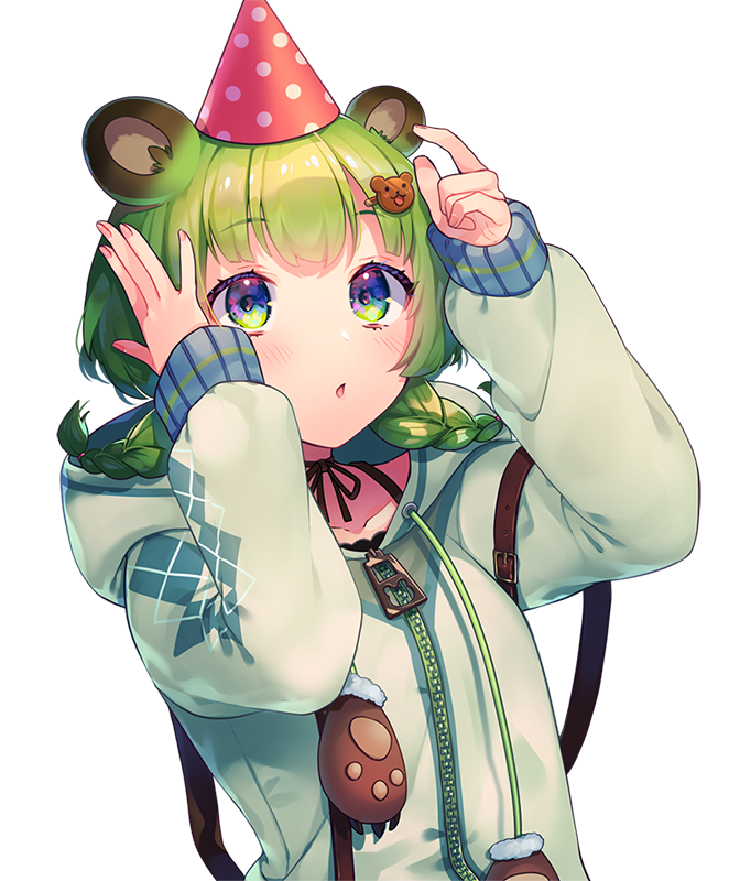 1girl animal_ear_fluff animal_ears animare bangs bbbannooo bear_ears bear_hair_ornament blush braid collarbone green_eyes green_hair green_hoodie hair_ornament hairclip hat hinokuma_ran hood hood_down hoodie long_sleeves looking_up medium_hair parted_lips party_hat solo transparent_background twin_braids upper_body virtual_youtuber zipper zipper_pull_tab