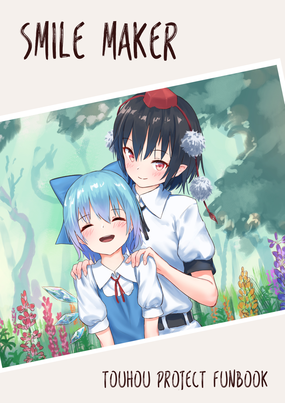 2girls :d ^_^ bangs black_hair black_neckwear black_ribbon blue_bow blue_dress blue_hair blush bow cirno closed_eyes commentary_request cover dress eyebrows_visible_through_hair facing_viewer flower hair_between_eyes hair_bow hands_on_another's_shoulders hat head_tilt highres ice ice_wings looking_at_viewer multiple_girls neck_ribbon open_mouth orange_flower pointy_ears pom_pom_(clothes) puffy_short_sleeves puffy_sleeves purple_flower red_eyes red_flower red_neckwear red_ribbon ribbon roke_(taikodon) shameimaru_aya shirt short_hair short_sleeves smile tassel tokin_hat touhou upper_body white_shirt wings