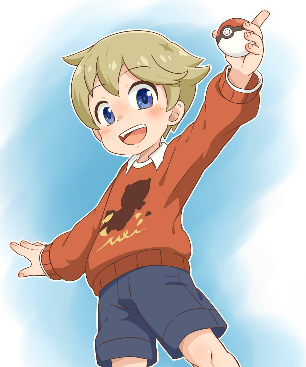 1boy blonde_hair blue_eyes blush collared_shirt highres jqk looking_at_viewer male_focus poke_ball poke_ball_(generic) pokemon pokemon_(game) pokemon_swsh shirt shorts solo sweater white_shirt youngster_(pokemon)