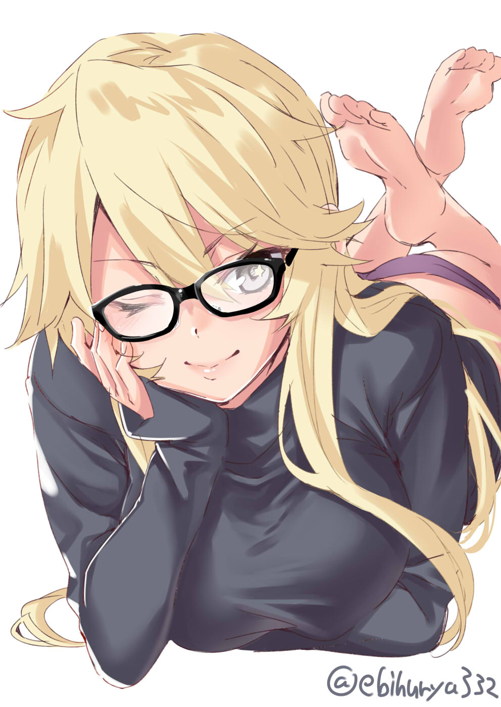 1girl alternate_costume ass bare_legs barefoot bespectacled black-framed_eyewear black_shirt blonde_hair blue_eyes breasts commentary ebifurya elbow_rest glasses hair_between_eyes hair_over_shoulder highres iowa_(kantai_collection) kantai_collection large_breasts lips long_sleeves looking_at_viewer lying messy_hair on_stomach one_eye_closed panties pink_panties shirt soles solo star star-shaped_pupils symbol-shaped_pupils symbol_commentary turtleneck twitter_username underwear