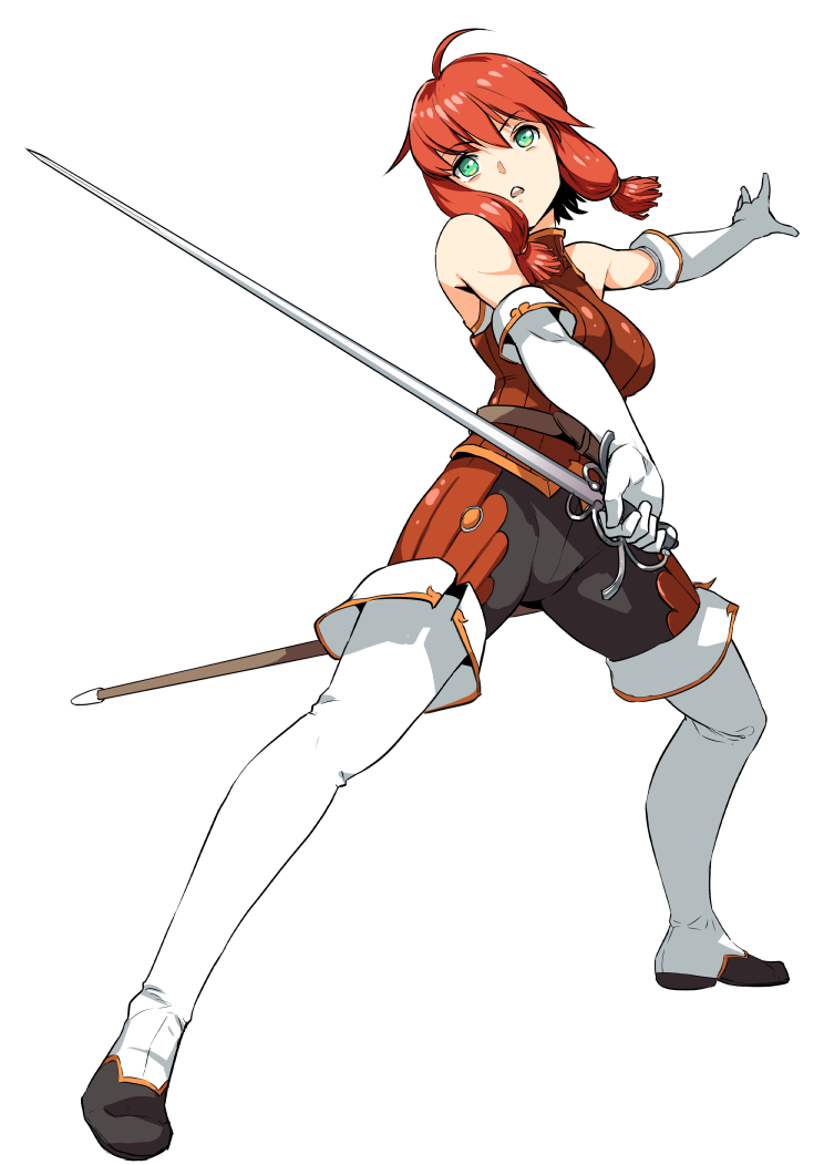 1girl ahoge bare_shoulders boots breasts commentary_request elbow_gloves eyebrows_visible_through_hair fighting_stance full_body gloves green_eyes korean_commentary large_breasts medium_hair original pirata_(gailtonatiu) rapier redhead sheath solo sword thigh-highs thigh_boots upper_teeth weapon white_background white_gloves