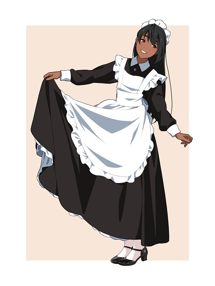 1girl apron black_hair commentary_request dark_skin dress full_body lifted_by_self long_hair long_sleeves looking_away maid maid_apron maid_headdress original pantyhose simple_background skirt_hold smile solo standing suzushiro_(suzushiro333)
