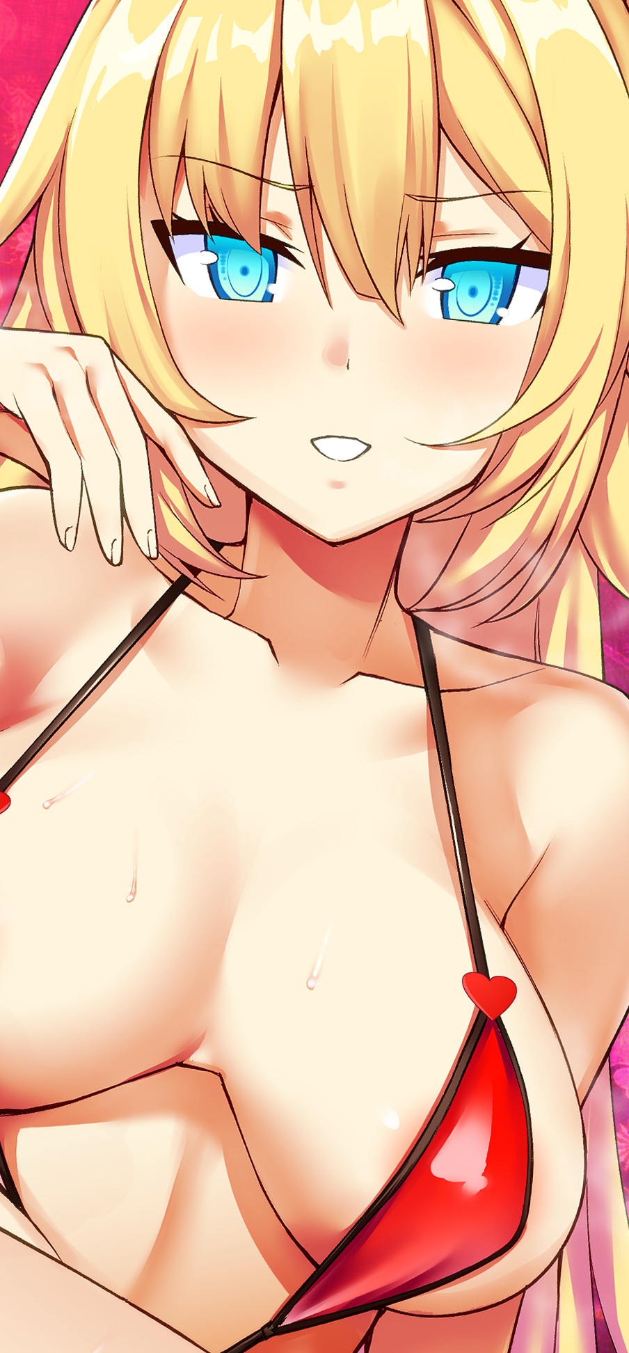 1girl akai_haato bikini blonde_hair blue_eyes blush breasts breasts_apart collarbone hair_between_eyes hand_up heart highres hololive katte_ni_kappa large_breasts long_hair looking_at_viewer micro_bikini parted_lips red_background red_bikini_top simple_background solo sweat swimsuit virtual_youtuber