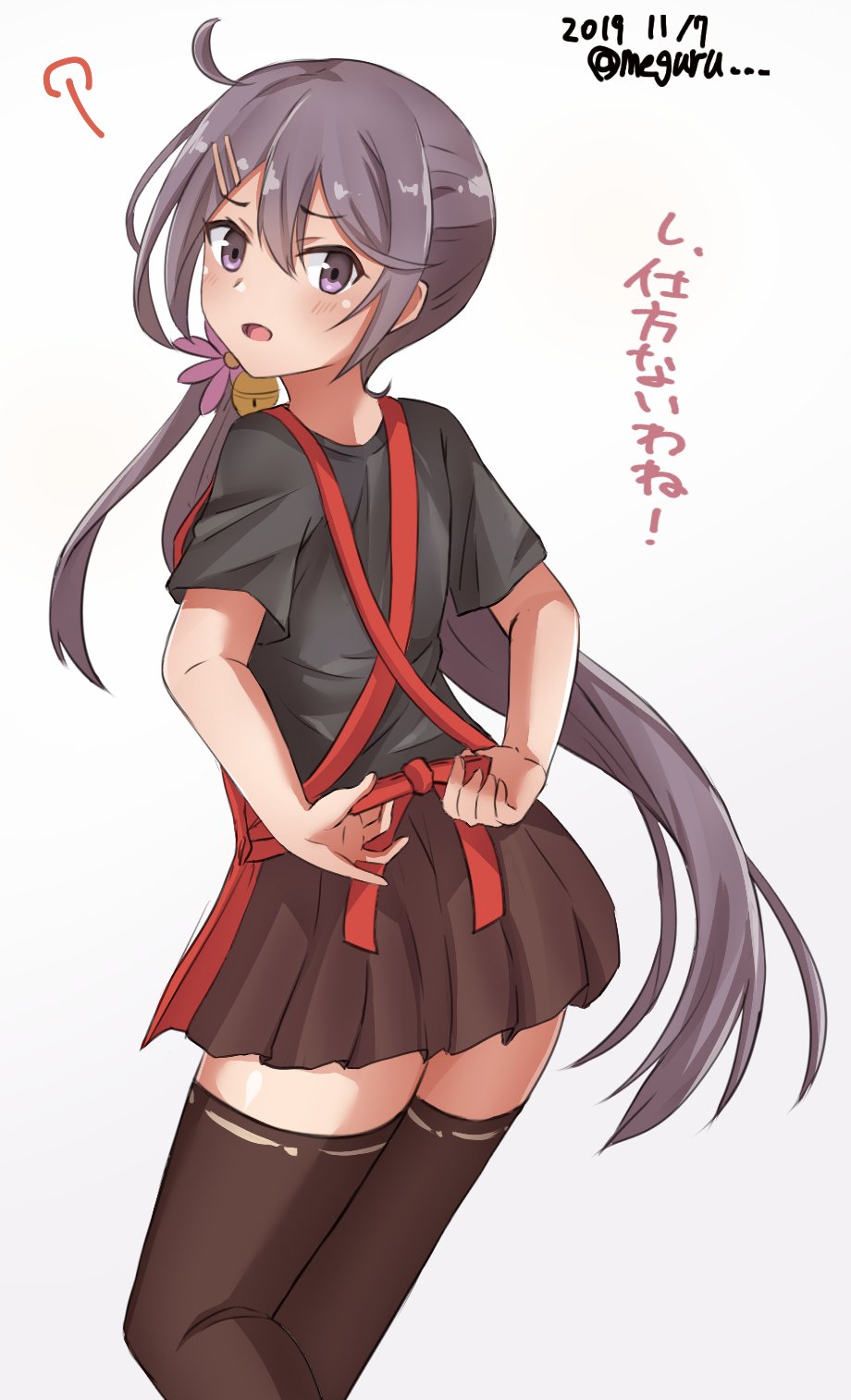 1girl akebono_(kantai_collection) alternate_costume apron bell black_legwear black_shirt blush brown_skirt dated eyebrows_visible_through_hair flower hair_bell hair_between_eyes hair_flower hair_ornament highres kantai_collection long_hair meguru_(megurunn) pleated_skirt purple_hair red_apron shirt side_ponytail skirt solo thigh-highs twitter_username very_long_hair violet_eyes