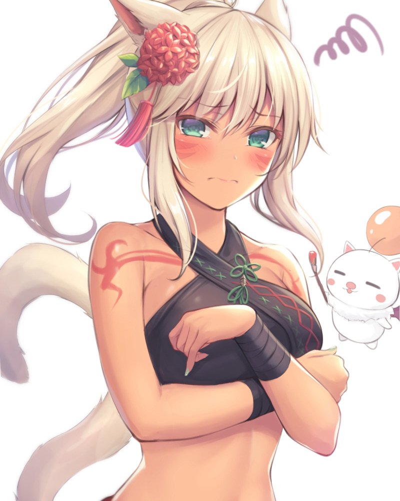 1girl 3: animal_ears aqua_eyes bandaged_arm bandages bare_shoulders black_shirt breasts cat_ears cat_tail commentary_request facial_mark final_fantasy final_fantasy_xiv flower frown hair_flower hair_ornament halter_top halterneck leaf long_hair looking_at_viewer medium_breasts midriff miqo'te moogle mutsuba_fumi ponytail shirt simple_background sleeveless sleeveless_shirt squiggle tail tassel tattoo upper_body white_background white_hair