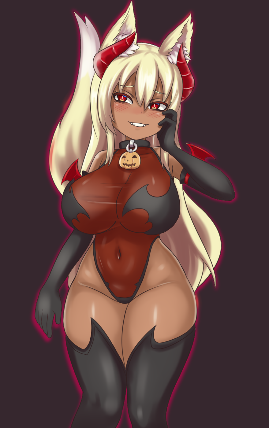 1girl animal_ear_fluff animal_ears black_gloves black_legwear blonde_hair blush breasts bright_pupils covered_navel curvy dark_skin demon_girl demon_wings elbow_gloves fangs fox_ears fox_girl fox_tail gloves grin groin hand_on_own_face highres horns jack-o'-lantern large_breasts leotard long_hair nav original red_eyes see-through short_stack slit_pupils smile solo succubus tail taut_clothes thick_thighs thigh-highs thighs very_long_hair wings