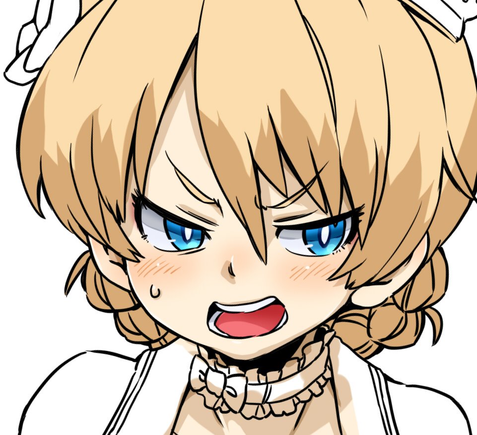 1girl angry aono3 bangs blonde_hair blue_eyes blush collar darjeeling girls_und_panzer headband open_mouth simple_background sweatdrop