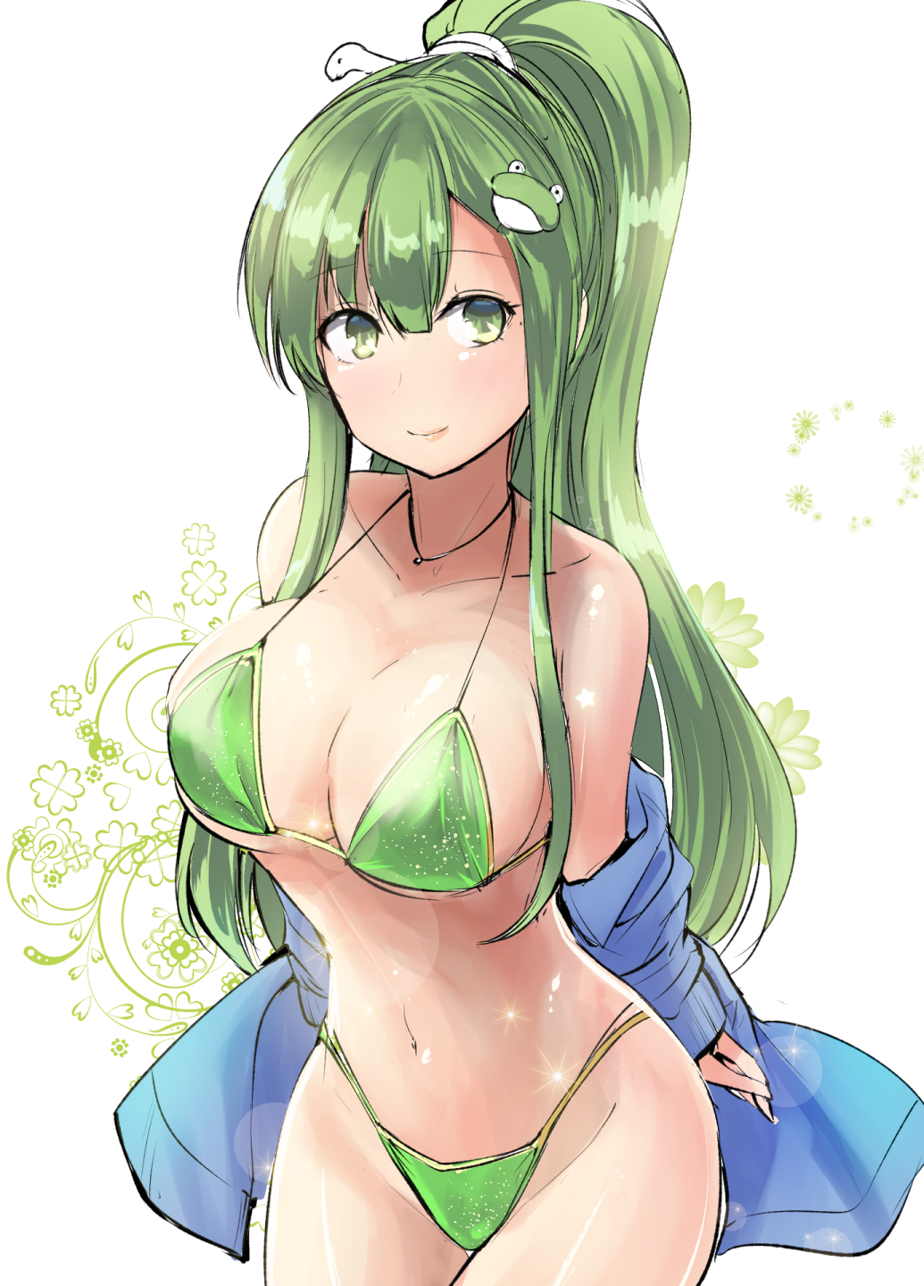 1girl alternate_hairstyle bangs bare_shoulders bikini blue_jacket blush breasts collarbone commentary_request cowboy_shot eyebrows_visible_through_hair frog_hair_ornament green_bikini green_eyes green_hair groin hair_between_eyes hair_ornament halterneck highres jacket kochiya_sanae large_breasts lens_flare long_hair long_sleeves looking_at_viewer navel off_shoulder ponytail sidelocks simple_background smile snake_hair_ornament solo sparkle standing stomach swimsuit thighs touhou very_long_hair white_background y2