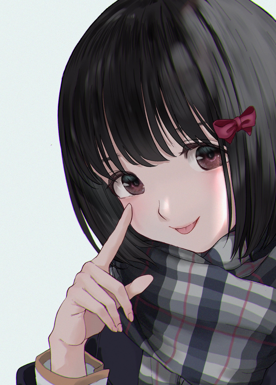 1girl :p bangs black_hair black_jacket bow brown_eyes closed_mouth commentary_request eyebrows_behind_hair grey_background hair_bow hand_up hasisisissy hibike!_euphonium highres hisaishi_kanade index_finger_raised jacket long_sleeves looking_at_viewer plaid plaid_scarf red_bow scarf short_hair simple_background smile solo tongue tongue_out upper_body