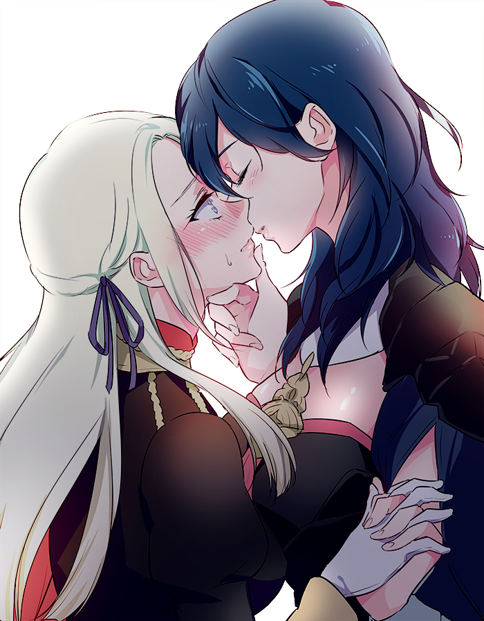 2girls blush breasts byleth_(fire_emblem) byleth_eisner_(female) closed_eyes edelgard_von_hresvelg fire_emblem fire_emblem:_three_houses grabbing_another's_hand green_hair lips long_hair multiple_girls negom open_eyes ribbon silver_hair simple_background violet_eyes yuri