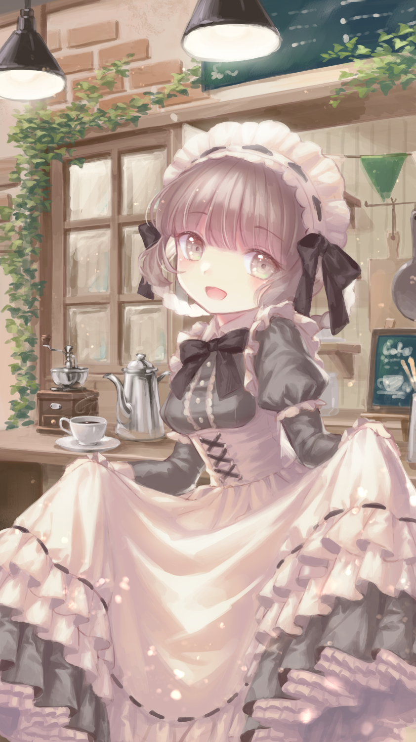 1girl :d apron bangs black_bow black_dress bow breasts brown_eyes brown_hair coffee coffee_grinder coffee_pot collared_shirt commentary_request cup dress dress_shirt eyebrows_visible_through_hair frilled_apron frills highres long_sleeves looking_at_viewer maid maid_headdress open_mouth original puffy_short_sleeves puffy_sleeves ribbon_trim saucer shirt short_over_long_sleeves short_sleeves skirt_hold small_breasts smile solo white_apron window yumeichigo_alice