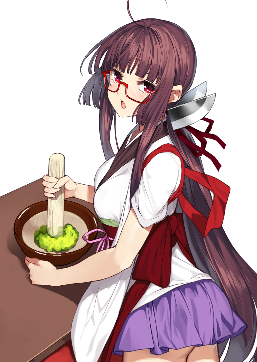 1girl ahoge ass bangs blunt_bangs brown_hair cowboy_shot from_behind headgear highres japanese_clothes kimono long_hair looking_at_viewer obi open_mouth pleated_skirt red-framed_eyewear red_eyes sash semi-rimless_eyewear short_kimono short_sleeves short_yukata skirt solo touhoku_kiritan under-rim_eyewear voiceroid white_background white_kimono wide_sleeves yappen yukata