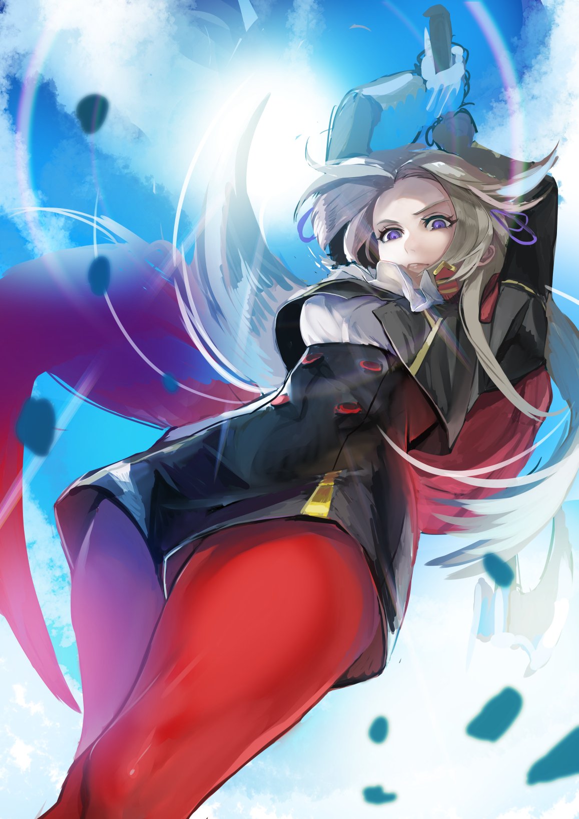 1girl axe blue_sky cape cravat edelgard_von_hresvelg fighting_stance fire_emblem fire_emblem:_three_houses from_below garreg_mach_monastery_uniform gloves hair_ribbon highres holding holding_weapon kokouno_oyazi long_hair long_sleeves looking_down pantyhose red_cape red_legwear ribbon silver_hair sky solo sunlight uniform violet_eyes weapon white_gloves