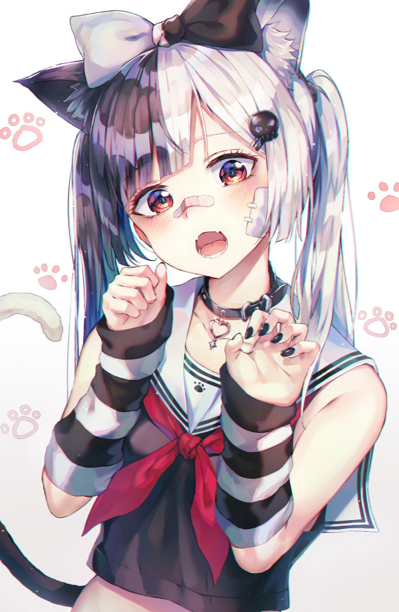 1girl :o animal_ear_fluff animal_ears arm_warmers bandaid bandaid_on_cheek bandaid_on_nose bare_shoulders black_hair black_nails black_shirt bow cat_ears cat_girl cat_tail collar collarbone crop_top fangs hair_bow hair_ornament hairclip hands_up head_tilt heart highres huwali_(dnwls3010) long_hair looking_at_viewer multicolored_hair nail_polish neckerchief original paw_background red_eyes sailor_collar sailor_shirt shirt skull_hair_ornament sleeveless sleeveless_shirt solo striped tail twintails two-tone_hair upper_body white_background white_hair white_sailor_collar