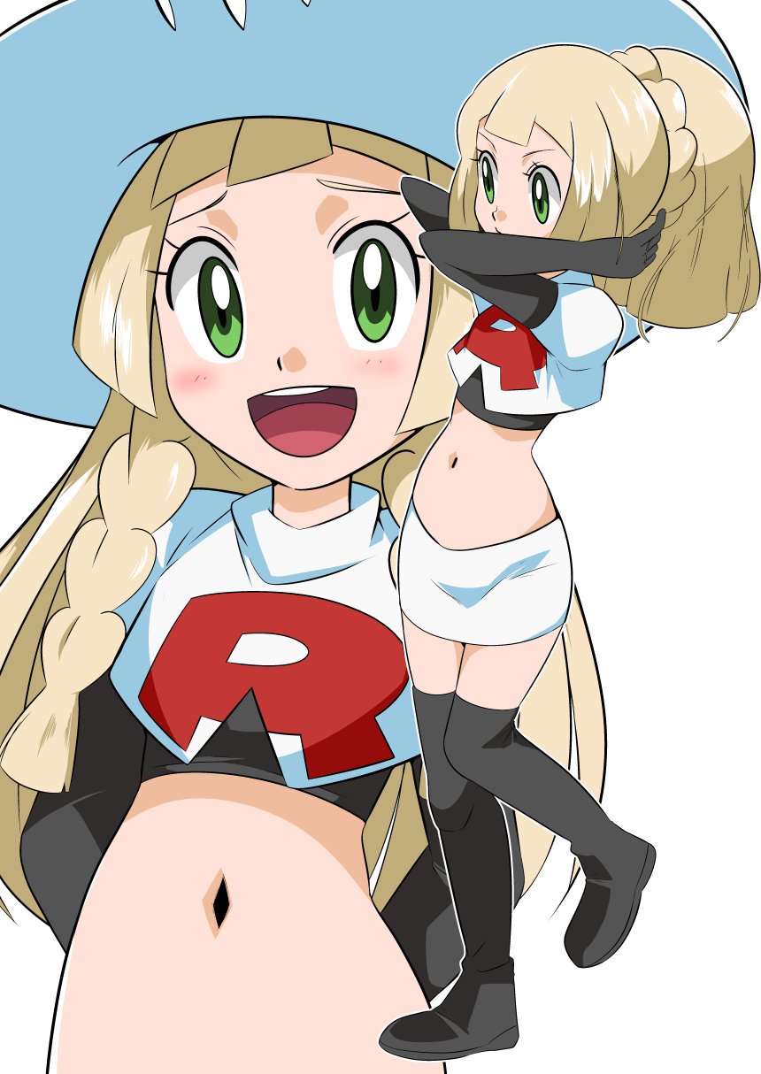 blonde_hair cosplay green_eyes hainchu highres lillie_(pokemon) long_hair midriff musashi_(pokemon) musashi_(pokemon)_(cosplay) navel open_mouth pokemon pokemon_(game) pokemon_sm ponytail smile stomach team_rocket_uniform white_headwear