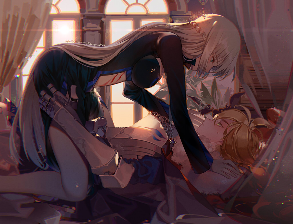 2girls all_fours armor armored_dress artist_name artoria_pendragon_(all) artoria_pendragon_(lancer) backlighting black_dress blonde_hair blue_dress blue_eyes blush braid breastplate breasts center_opening chain collaboration copyright_name curtains dress eye_contact fate/grand_order fate_(series) french_braid fur_trim gauntlets glint gloves green_eyes hand_on_another's_cheek hand_on_another's_face hand_on_another's_thigh indoors kawacy long_hair long_sleeves looking_at_another lying medium_breasts messy_hair morgan_le_fay_(fate) multiple_girls on_back parted_lips plant potted_plant sidelocks sweat thigh-highs very_long_hair white_gloves window yorukun yuri