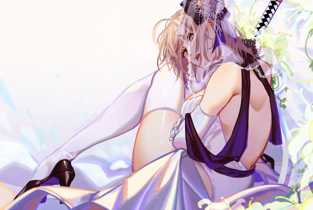 1girl alternate_costume alternate_hairstyle blonde_hair commentary_request dress elbow_gloves fate/grand_order fate_(series) flower gloves grey_eyes hair_flower hair_ornament high_heels leg_up looking_at_viewer marchab_66 okita_souji_(fate) okita_souji_(fate)_(all) parted_lips self_hug shiny shiny_skin short_hair sitting solo strapless strapless_dress sword thigh-highs veil weapon white_legwear