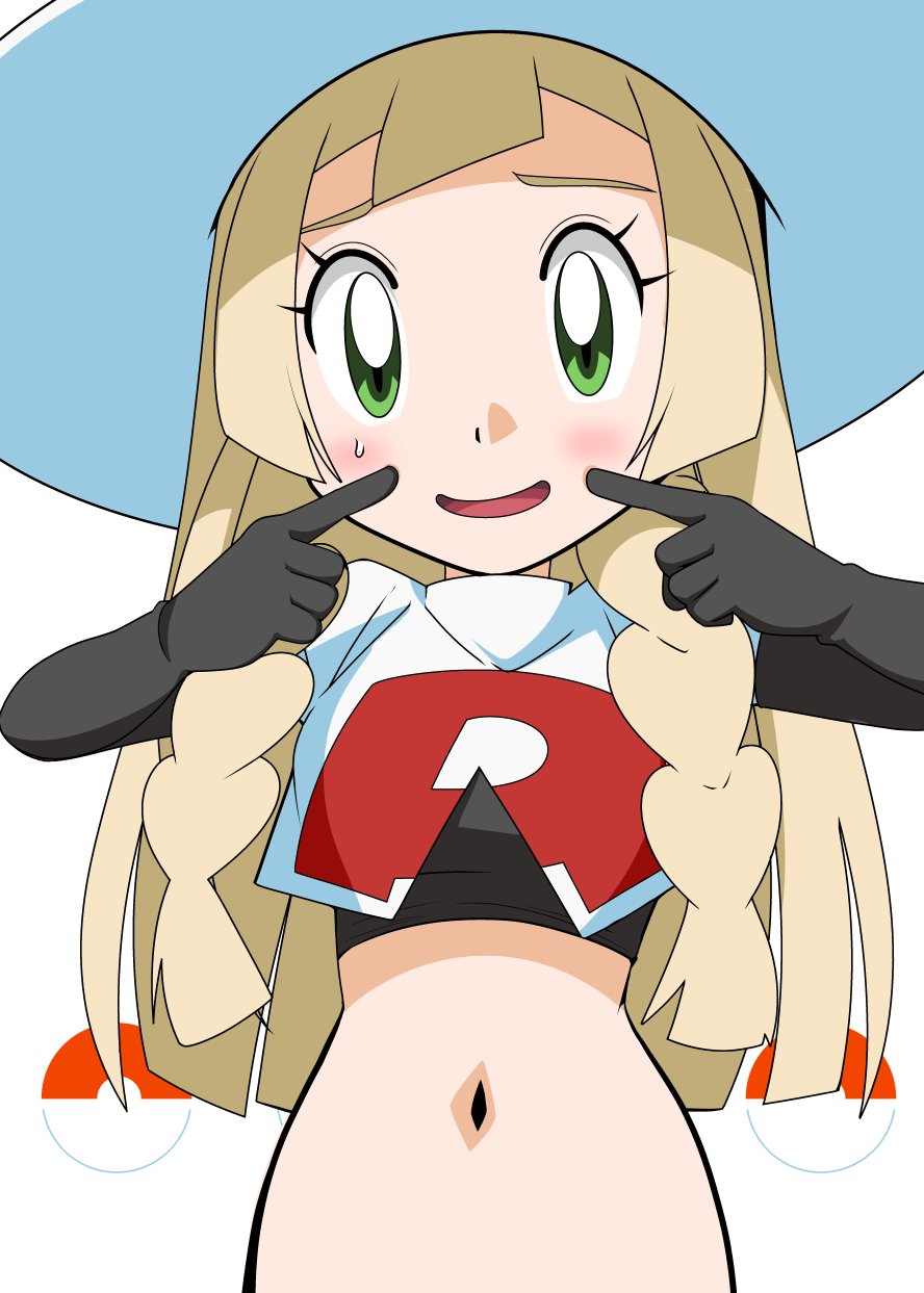 blonde_hair cosplay green_eyes hainchu highres lillie_(pokemon) long_hair midriff musashi_(pokemon) musashi_(pokemon)_(cosplay) navel open_mouth pokemon pokemon_(game) pokemon_sm smile stomach team_rocket_uniform white_headwear