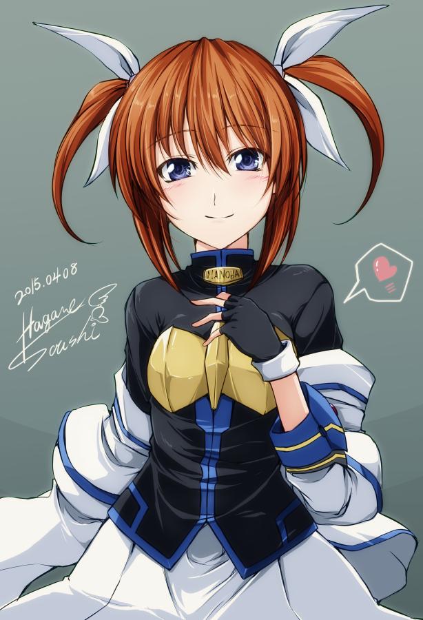 1girl blue_eyes blush brown_hair closed_mouth commentary_request fingerless_gloves gloves hagane_soushi looking_at_viewer lyrical_nanoha magical_girl medium_hair ribbon side_ponytail simple_background smile solo takamachi_nanoha twintails