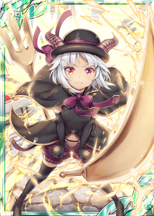 1girl akkijin angry breasts card_(medium) demon_girl demon_horns energy fork hat horns huge_weapon knife looking_at_viewer official_art purple_ribbon red_eyes ribbed_hat ribbon shinkai_no_valkyrie short_hair short_shorts shorts silver_hair small_breasts thigh-highs weapon