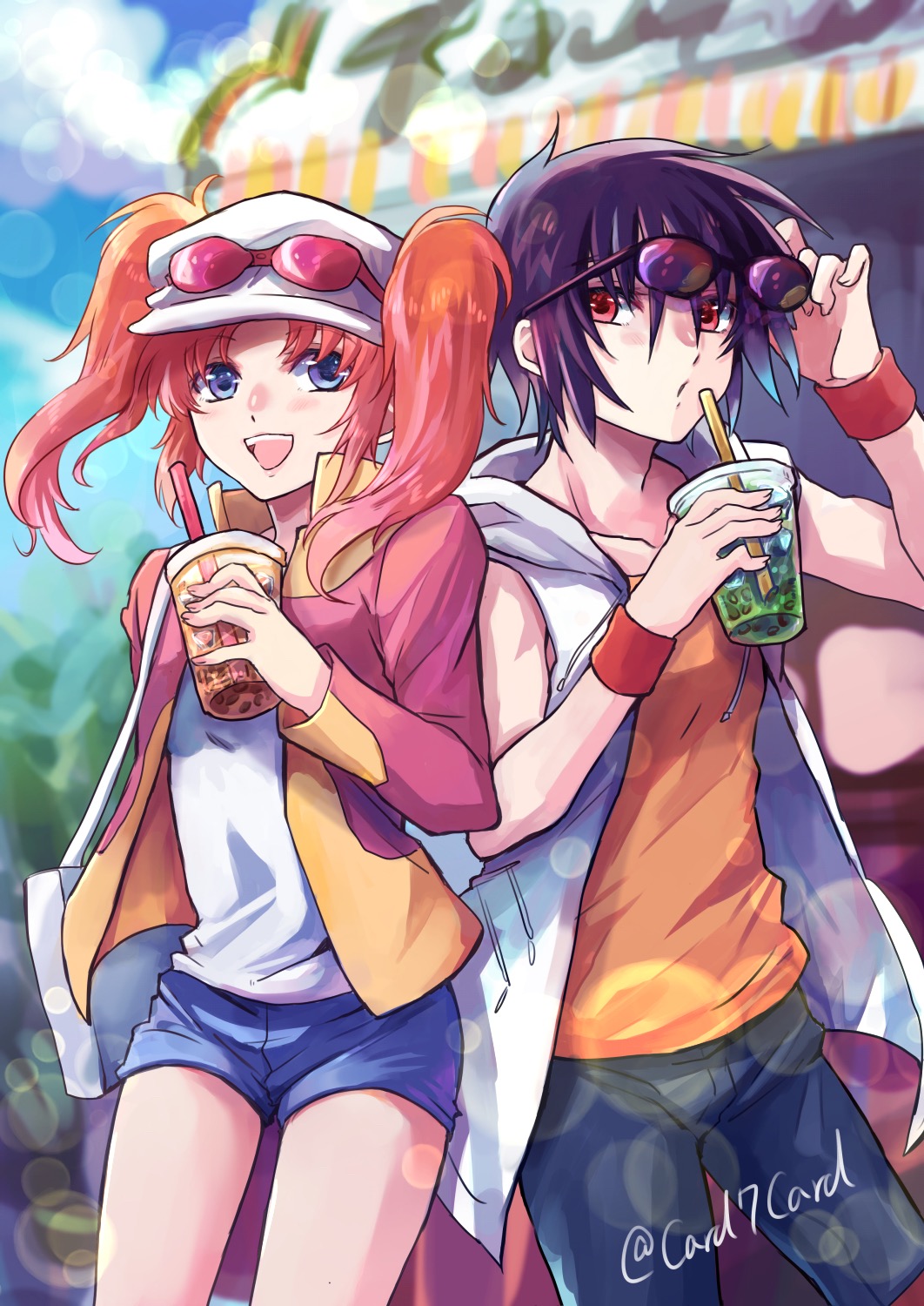 1girl :d baseball_cap black_hair black_pants blue_eyes blue_shorts blurry blurry_background blush casual collarbone couple day denim denim_shorts drinking_straw eyewear_on_headwear floating_hair gundam gundam_seed gundam_seed_destiny hat highres holding hood hood_down hooded_jacket jacket lens_flare long_hair long_sleeves looking_at_viewer meyrin_hawke open_clothes open_jacket open_mouth orange_shirt outdoors pants red_eyes redhead shinn_asuka shiny shiny_hair shirt short_shorts shorts sleeveless sleeveless_jacket sleeveless_shirt smile sunglasses twintails twitter_username white_headwear white_jacket white_shirt wristband yuuka_seisen