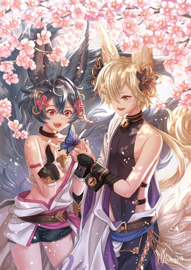 1boy 1girl :d ahoge animal_ears artist_name bangs bare_shoulders belt black_flower black_hair black_leotard black_pants black_shorts blonde_hair blush breasts bridal_gauntlets brown_choker bug butterfly butterfly_on_hand cherry_blossoms choker collarbone couple covered_navel cowboy_shot day erune flower fox_boy fox_ears fox_girl fox_tail granblue_fantasy hair_between_eyes hair_flower hair_ornament hair_over_one_eye insect japanese_clothes kimono kou_(granblue_fantasy) leotard leotard_under_clothes lock off_shoulder open_clothes open_kimono open_mouth outdoors padlock pants red_eyes short_hair short_shorts shorts signature single_bare_shoulder small_breasts smile tail upper_teeth villyane white_kimono wrist_cuffs yellow_eyes you_(granblue_fantasy)
