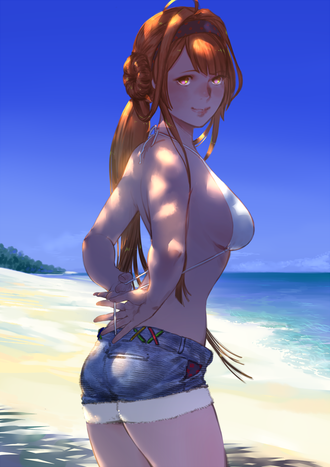 1girl ahoge ass asymmetrical_bangs bangs bare_arms bare_shoulders beach bikini black_hairband blue_shorts blue_sky breasts closed_mouth commentary_request cowboy_shot cutoffs dappled_sunlight day denim denim_shorts double_bun eyebrows_visible_through_hair from_side hairband highres horizon kantai_collection kongou_(kantai_collection) long_hair looking_at_viewer looking_to_the_side low_ponytail medium_breasts ocean outdoors short_shorts shorts sideboob sky smile solo sunlight swimsuit undressing untied untied_bikini uyama_hajime violet_eyes water white_bikini