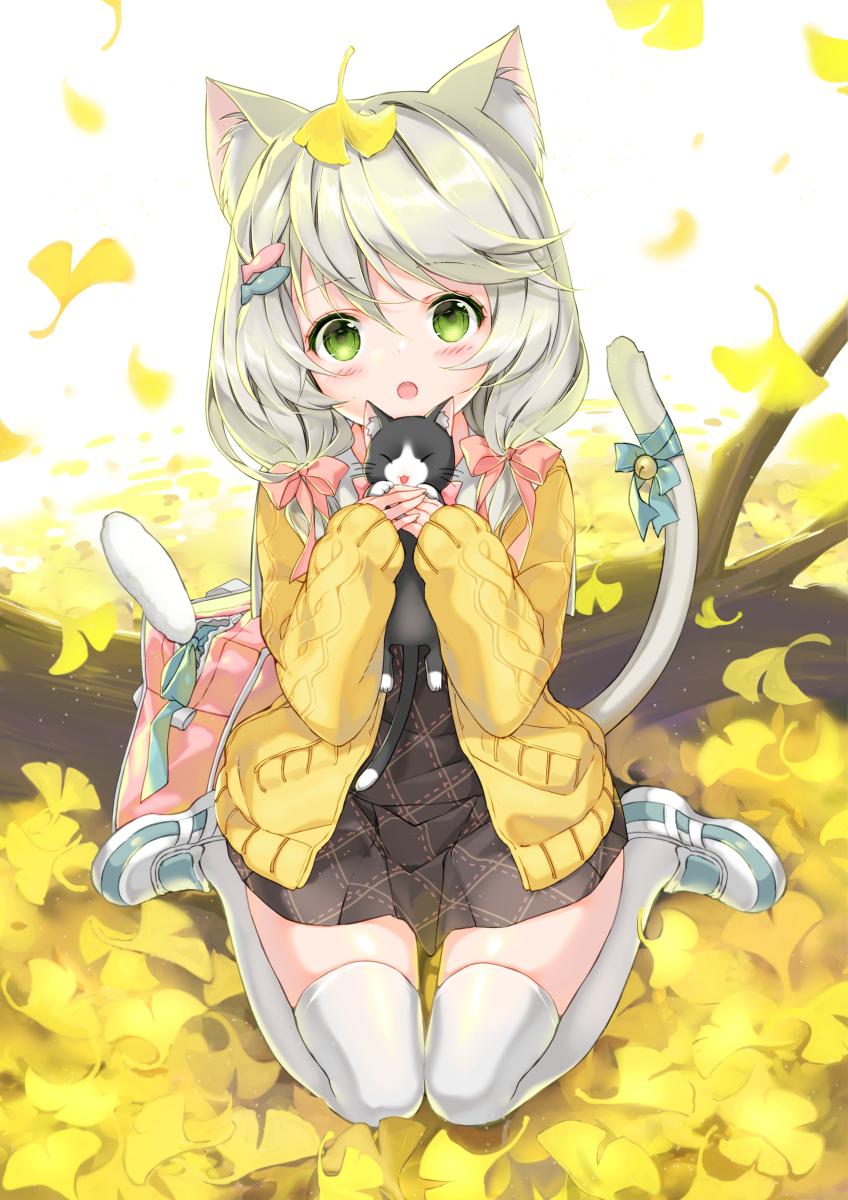 1girl :o animal animal_ears bag bell black_skirt blue_bow blush bow cat cat_ears cat_girl cat_tail commentary_request full_body ginkgo ginkgo_leaf grey_hair hair_bow highres holding holding_animal jacket jingle_bell juna kitten log long_hair long_sleeves looking_at_viewer low_twintails open_clothes open_jacket original parted_lips pink_bow school_bag shirt shoes sitting skirt sleeves_past_wrists solo tail tail_bell tail_bow tail_raised thigh-highs twintails wariza white_footwear white_legwear white_shirt yellow_jacket
