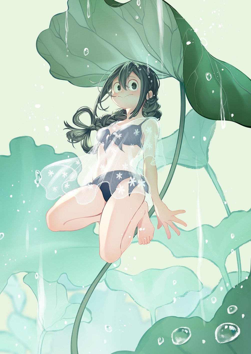 1girl asui_tsuyu bangs barefoot bikini black_bikini black_eyes black_hair blurry blurry_background boku_no_hero_academia braid closed_mouth commentary_request cover-up day droplet front-tie_bikini front-tie_top highres leaf long_hair looking_at_viewer minigirl nanaminn outdoors rain see-through side-tie_bikini single_braid smile solo squatting swimsuit