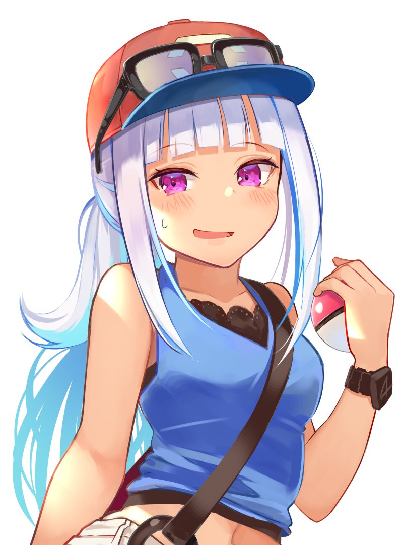 1girl bag bangs baseball_cap black_shirt blue_hair blue_shirt blunt_bangs blush brat collarbone cosplay eyewear_on_headwear hat holding holding_poke_ball lize_helesta long_hair looking_at_viewer multicolored_hair navel nijisanji open_mouth poke_ball pokemon shirt simple_background sleeveless solo sweatdrop two-tone_hair upper_body virtual_youtuber watch watch white_background white_hair