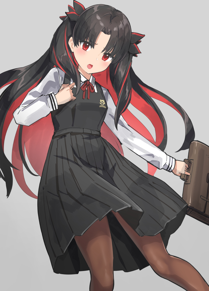 1girl bangs black_dress black_hair black_ribbon blush brown_legwear dress fate/grand_order fate_(series) grey_background hair_ribbon hand_on_own_chest holding long_hair long_sleeves looking_at_viewer neck_ribbon pantyhose parted_bangs pinafore_dress red_eyes red_neckwear red_ribbon redhead ribbon school_briefcase school_uniform shirt simple_background solo space_ishtar_(fate) standing two_side_up tyone very_long_hair white_shirt