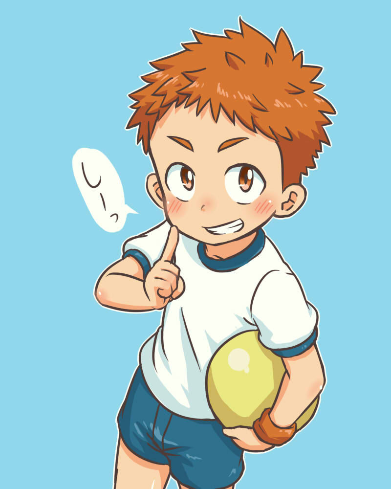 1boy ball blue_background blush brown_eyes brown_hair grin gym_uniform jqk looking_at_viewer looking_up male_focus original shorts simple_background smile solo