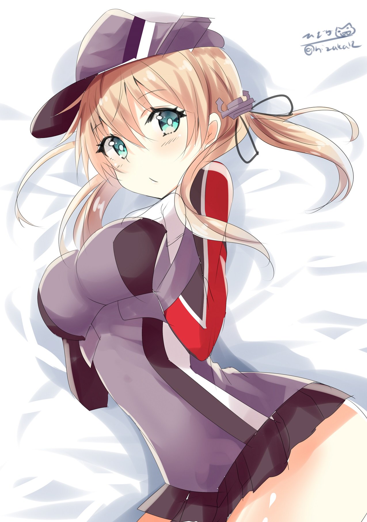 1girl anchor_hair_ornament aqua_eyes ass black_skirt blonde_hair blush breasts eyebrows_visible_through_hair gloves hair_between_eyes hair_ornament hat highres hizaka kantai_collection large_breasts long_hair looking_at_viewer low_twintails lying microskirt military military_uniform on_side open_mouth peaked_cap pleated_skirt prinz_eugen_(kantai_collection) skirt solo twintails twitter_username uniform white_gloves
