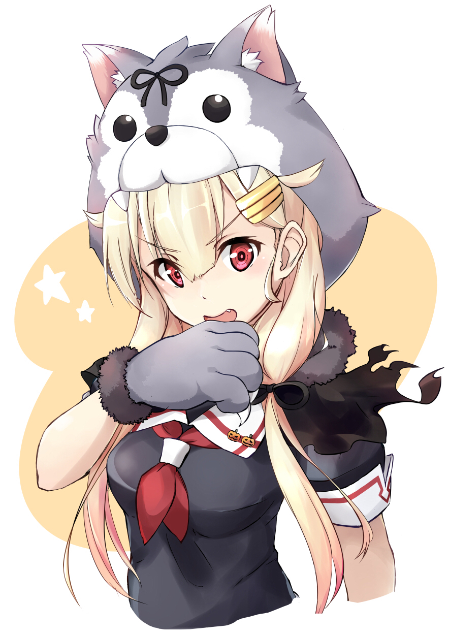 1girl black_ribbon black_scarf black_serafuku blonde_hair commentary_request fang gloves hair_flaps hair_ornament hairclip highres kantai_collection long_hair looking_at_viewer minosu neckerchief open_mouth paw_gloves paws red_eyes red_neckwear remodel_(kantai_collection) ribbon scarf school_uniform serafuku solo two-tone_background upper_body white_background wolf_hood yuudachi_(kantai_collection)