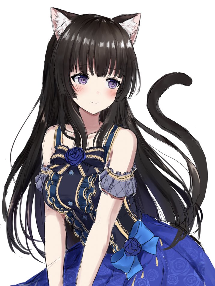 1girl animal_ears bang_dream! bangs bare_shoulders black_hair blue_bow blue_dress blue_flower blue_neckwear blue_skirt blunt_bangs blush bow bowtie breasts cat_ears closed_eyes collarbone commentary_request cowboy_shot detached_sleeves dress eyebrows_visible_through_hair floral_print flower frilled_dress frilled_sleeves frills large_breasts long_hair looking_to_the_side mia_(fai1510) shirokane_rinko short_sleeves sidelocks simple_background skirt solo tail violet_eyes white_background