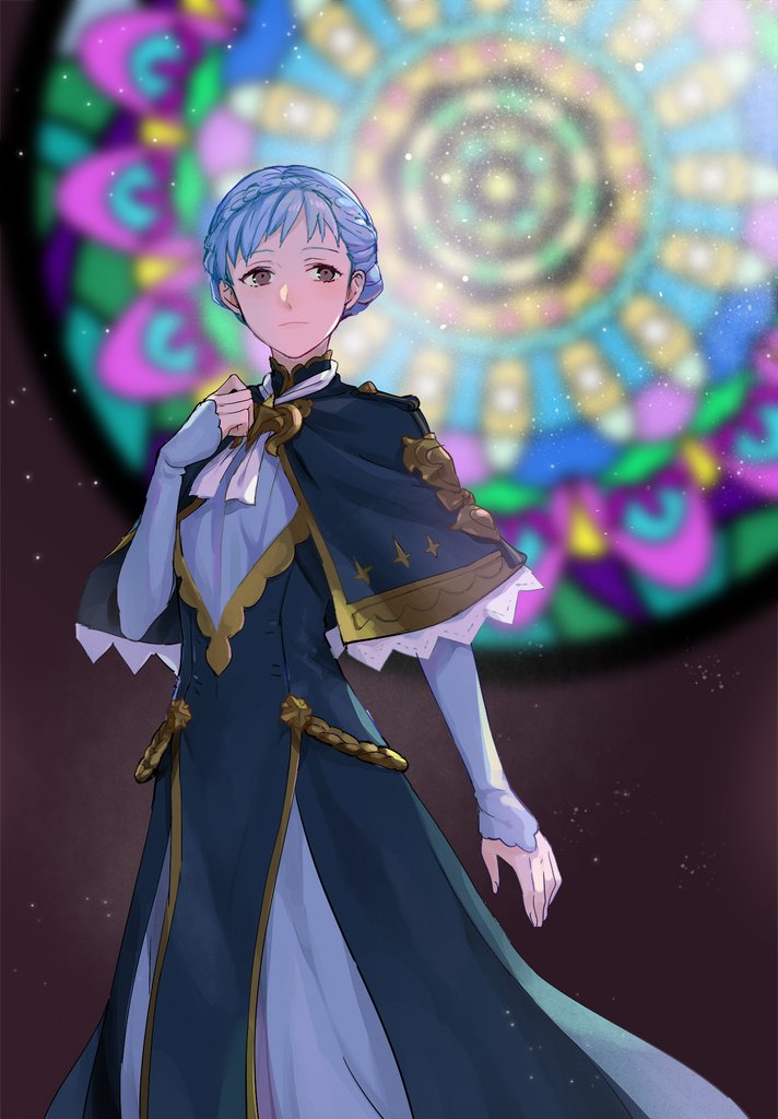 1girl blue_hair braid brown_eyes capelet closed_mouth crown_braid dress fire_emblem fire_emblem:_three_houses long_sleeves marianne_von_edmund mikami solo stained_glass