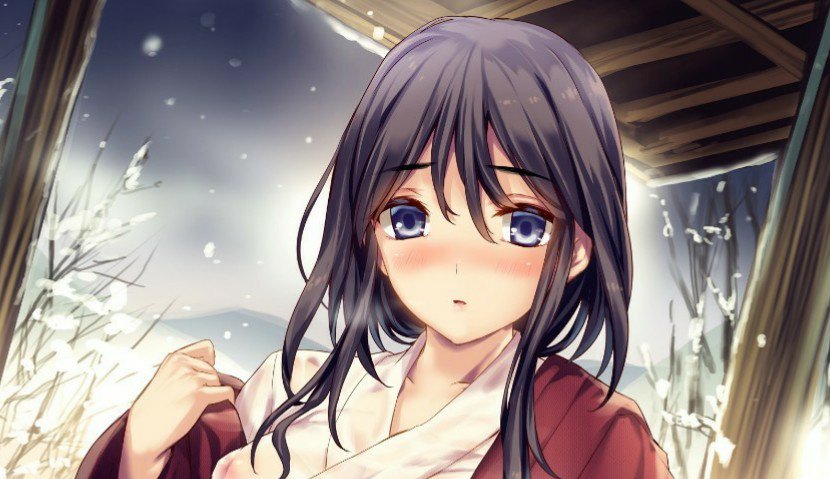 1girl bangs black_hair blue_eyes blush commentary_request eyebrows_visible_through_hair hair_between_eyes hand_up haori japanese_clothes kimono long_hair looking_at_viewer melonbooks moneti_(daifuku) nose_blush parted_lips portrait snowing solo white_kimono