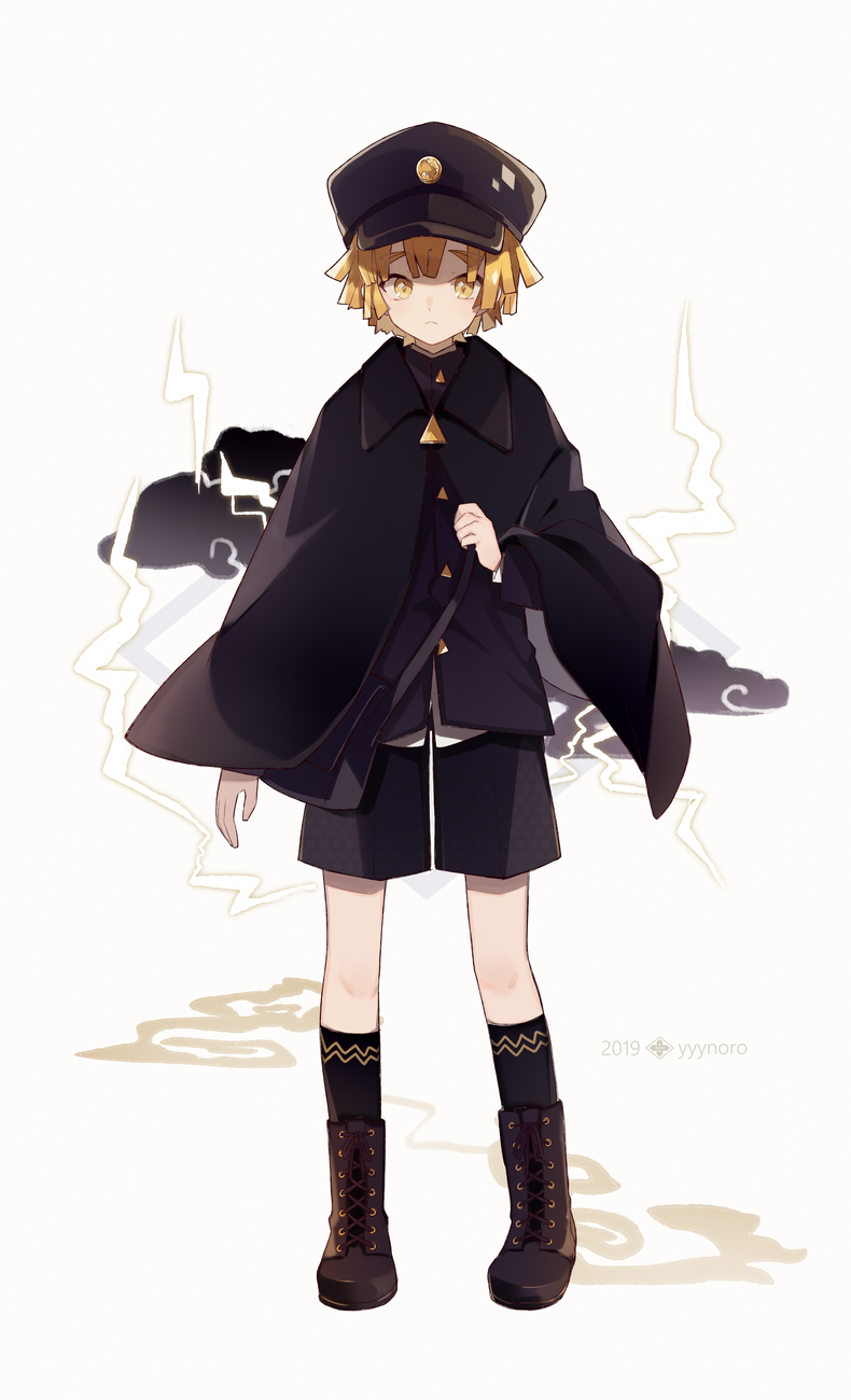 1boy 2019 agatsuma_zenitsu artist_name bangs black_cape black_headwear black_jacket black_legwear black_shorts blonde_hair boots brown_eyes brown_footwear cape captain_yue closed_mouth cross-laced_footwear dark_clouds eyebrows_visible_through_hair full_body grey_background hat highres jacket kimetsu_no_yaiba kneehighs lace-up_boots light_frown lightning male_focus peaked_cap shirt short_shorts shorts solo standing thick_eyebrows white_shirt