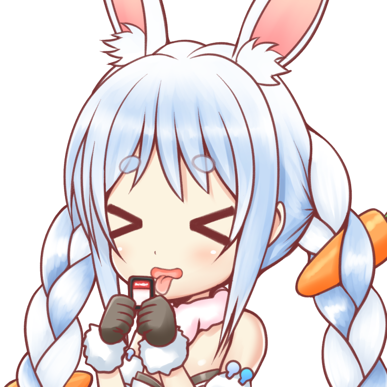 &gt;_&lt; 1girl animal_ear_fluff animal_ears bangs bare_shoulders black_gloves blue_hair blush bunny-shaped_pupils carrot_hair_ornament closed_eyes eyebrows_visible_through_hair food_themed_hair_ornament fur-trimmed_gloves fur_collar fur_trim gloves hair_ornament holding hololive ki_(kk-sk-ray) multicolored_hair open_mouth rabbit_ears short_eyebrows simple_background solo strapless thick_eyebrows tongue tongue_out two-tone_hair upper_body usada_pekora virtual_youtuber white_background white_hair